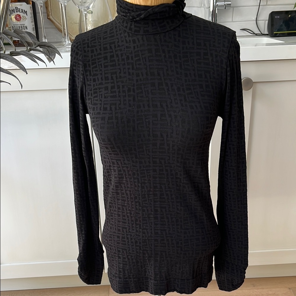 EUC Philippe Matignon black high neck stretch fitted top with velvet detail